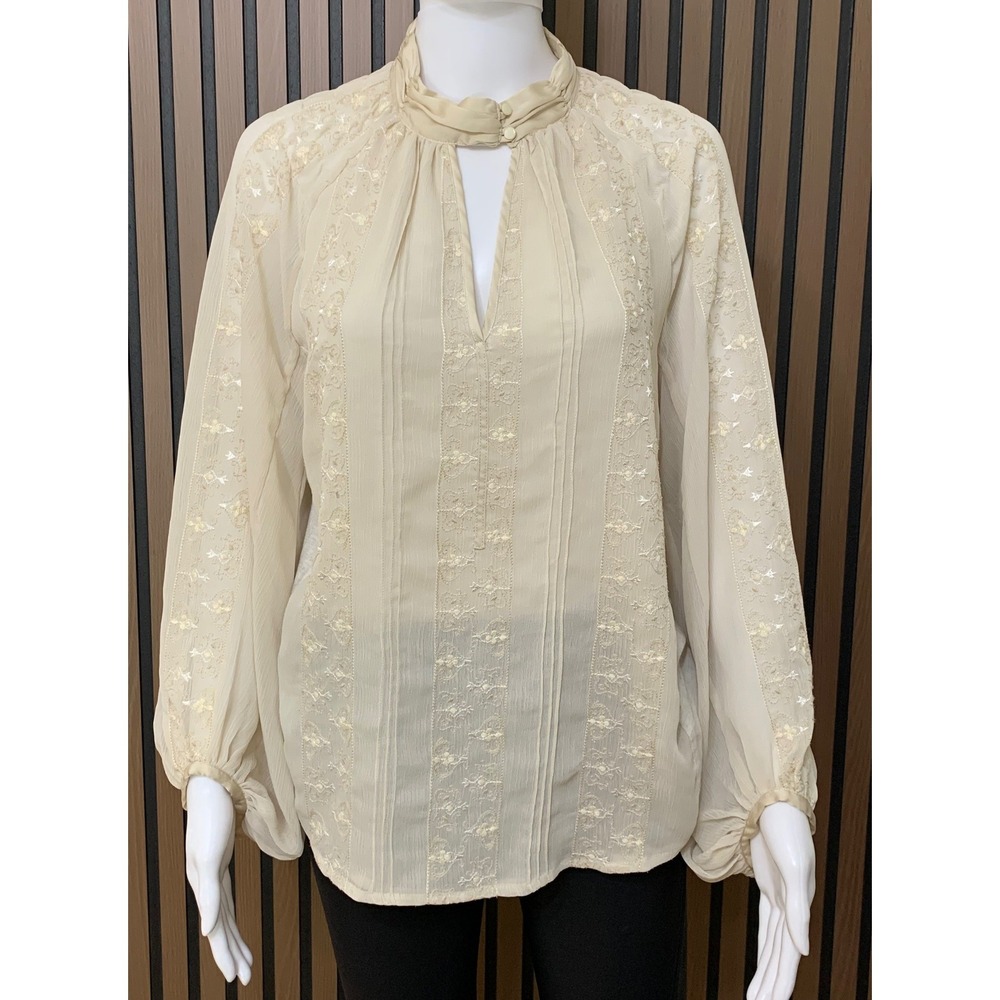Anthropologie TINY Cream Beige Embroidered Keyhole Blouse Long Sleeve M